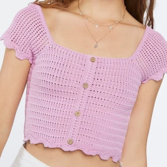 Forever 21 Pink Crocheted Cropped Top Size Large Front Button Accents Boho Y2K - Picture 10 of 10